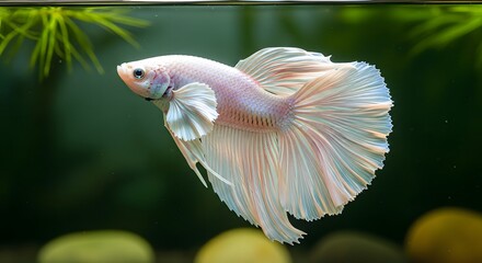 Elegant betta fish displaying colorful fins against dark green background