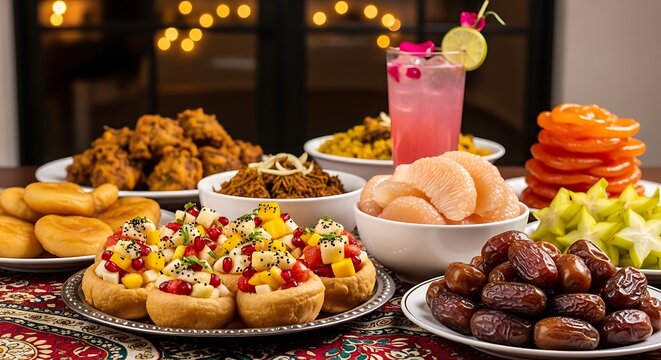 Traditional Ramadan Iftar feast with dates fruit chaat jalebi and pink rose drink 3d render