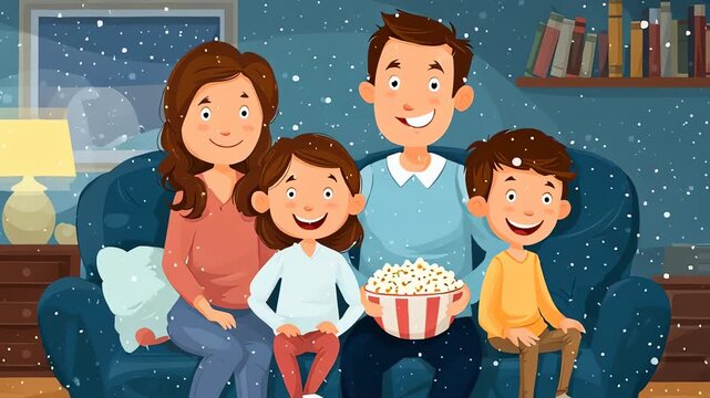 Happy family watching movie enjoying popcorn indoors on winter night