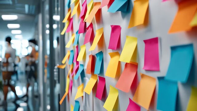 Colorful Sticky Notes on Office Wall Brainstorming Background