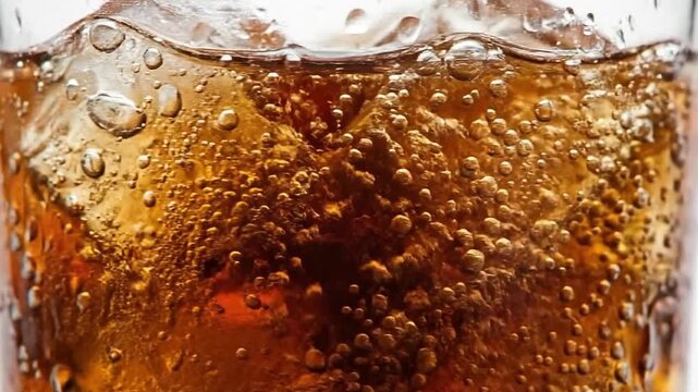 A closeup of a carbonated brown beverage with ice cubes and fizzing bubbles in a glass