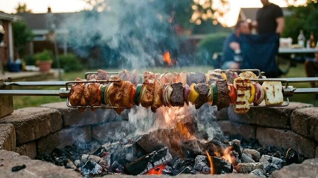 Meat and vegetable skewers grilling on a rotisserie over an open fire in a backyard brick pit