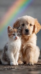 Fototapeta premium Golden retriever puppy and calico kitten sitting together with a rainbow in the background, showcasing a bond between two adorable young pets