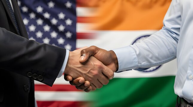 Business leaders engage in handshake during meeting to discuss collaboration between United States and India in a corporate setting Generative AI