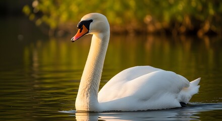 Elegant swan gliding on calm water under soft sunlight nature scene