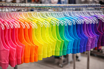 Colorful Neon Sports Bras on Hangers Arranged in Rainbow Display in Clothing Store