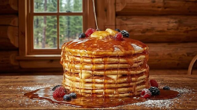 A tall stack of pancakes with butter and berries drenched in syrup inside a rustic log cabin