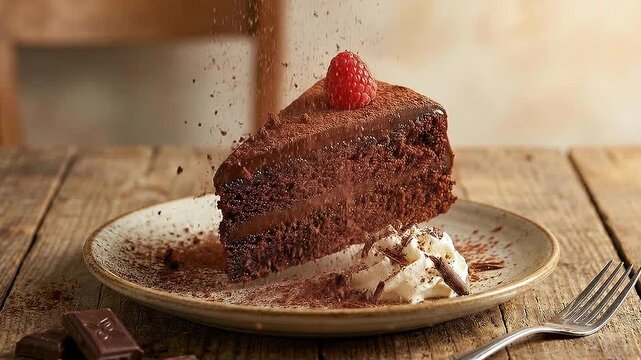 A levitating slice of rich chocolate cake with a raspberry dusted with cocoa powder over a rustic plate