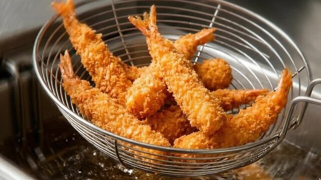 A wire strainer lifts goldenbrown fried shrimp from bubbling hot oil