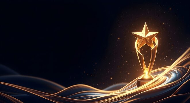 Golden star trophy on wavy lines with starry night background golden trophy stars