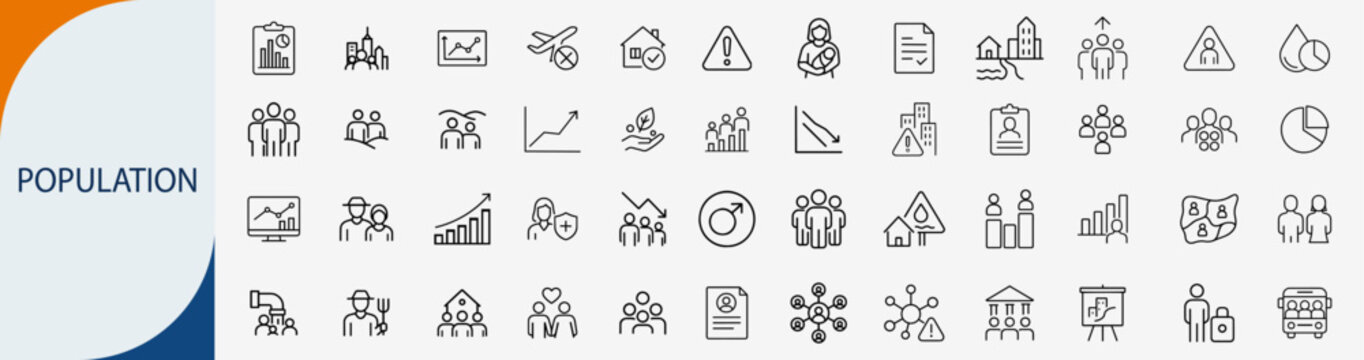 Population and demographics icons set, line symbols for human resources society growth and people statistics vector illustration