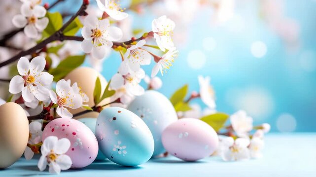 Delicate white spring blossoms frame pastel colored Easter eggs on a soft blue background