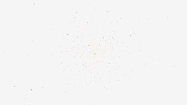 A soft radial composition of scattered tiny colorful confetti-like particles on a white background forming an abstract and festive visual in pastel hues