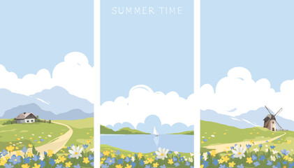 Abstract summer landscape -- farm fields. Set vector illustrations, rural view -- fields and meadows, old village and blue flowers. Hand drawn author's drawing.