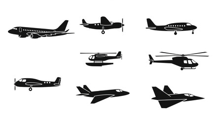 Collection of various aircraft silhouettes including airplanes and helicopters. © Sosi