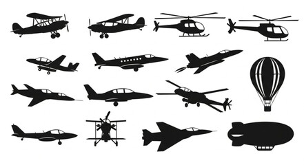 Collection of various aircraft silhouettes including airplanes helicopters and blimps. © Sosi