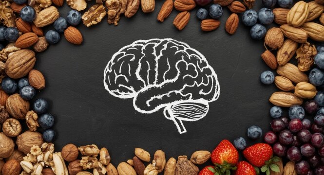 Brain memory boost concept with chalk brain drawing and diverse healthy foods like nuts and berries on black
