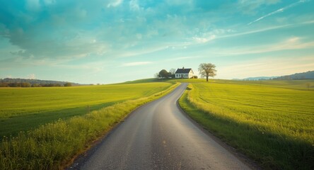 Idyllic farm road winding towards a homely farmhouse with copy space for text