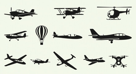 Collection of various aircraft silhouettes including airplanes helicopters and drones. © Sosi