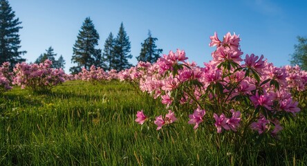 Obraz premium Bright summer meadow full of blooming pink rhododendron flowers