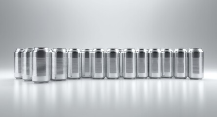 Aluminum cans lined up on white backdrop with copy space included