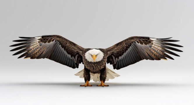 Bald eagle spreading wings on a clean white surface
