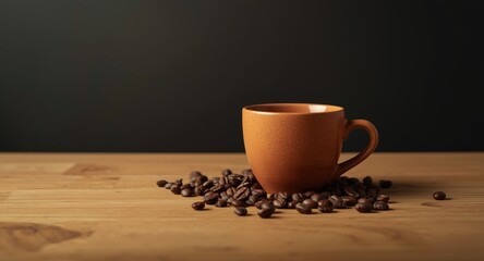 Coffee cup placed on natural wood surrounded by beans against dark backdrop and text area