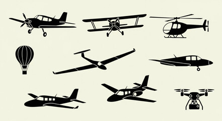 Collection of various aircraft silhouettes including planes helicopters and drones. © Sosi