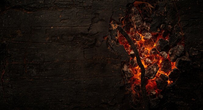 Close up glowing embers in charred wood texture background with copy space