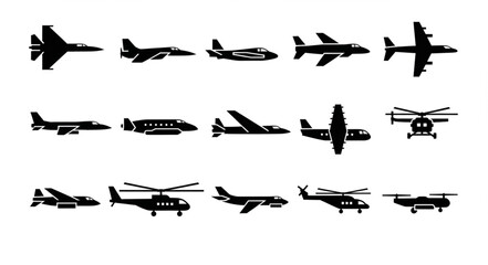 Collection of various aircraft silhouettes on a white background. © Sosi