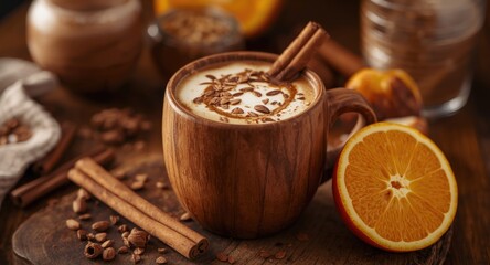 Fototapeta premium Lactose free mocha coffee blended with coconut milk and cinnamon sticks served with an orange on wood