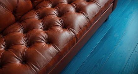 Obraz premium Detailed macro image of brown leather sofa with button features on contrasting electric blue wood flooring