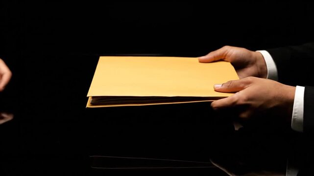 A close-up video showing a solemn transaction. Two individuals in business attire exchange a thick manila document folder over a reflective black surface, symbolizing secrecy, contract finalization, 