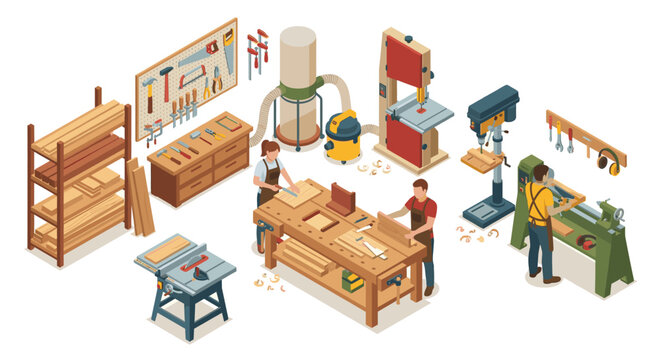 Isometric Carpentry Workshop with Woodworking Tools and People