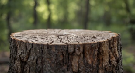 Obraz premium Focused closeup of rugged tree bark on a newly cut stump with natural soft green woodland blur behind
