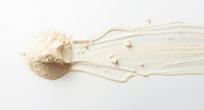 Clean white background showcasing colostrum enriched skim milk powder with textured spill for product marketing