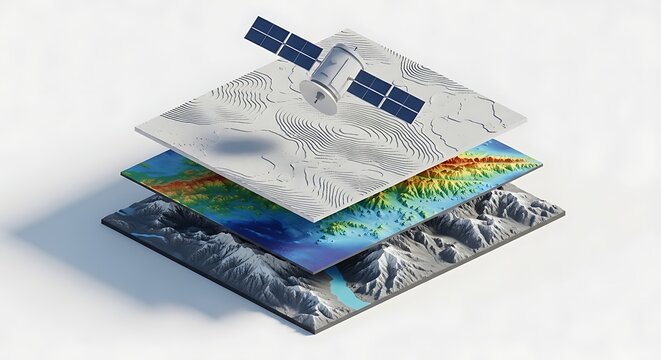 Geospatial analysis and satellite imagery processing, showcasing layered earth data with a satellite orbiting above