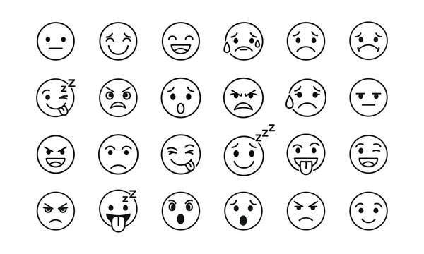 A collection of expressive black and white facial emotion icons arranged in a grid