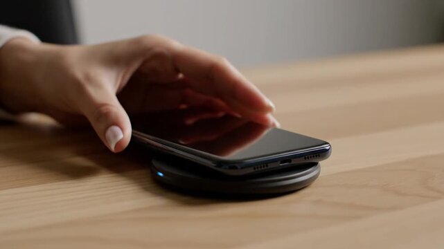Smartphone placed on wireless charger, charging technology concept