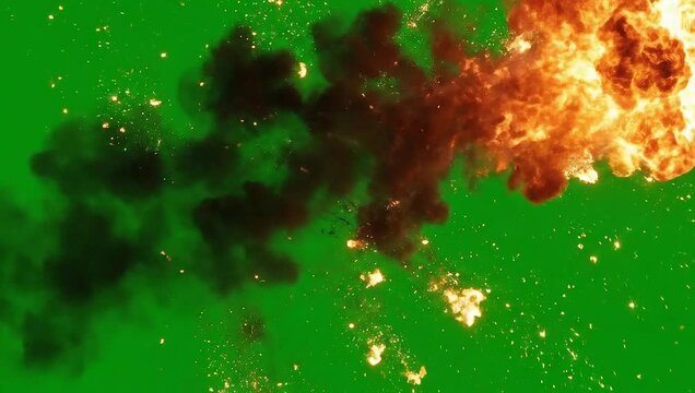 Explosion scene with fire and smoke on a green background, viewed from the side, showcasing destruction