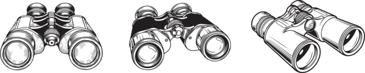 Vintage Binoculars Black and White Hand Drawn Line Art. Detailed Classic Vintage Binoculars Black and White Outline Line Art Drawing for Exploration and Study