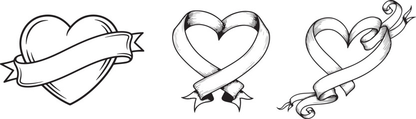 Hand Drawn Heart with Ribbon Banner Line Art. Hand drawn line art heart and ribbon set featuring various classic designs for love and romance messages