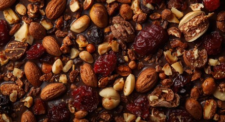 Obraz premium Close up top view of festive homemade mendiant chocolate with an array of nuts and dried fruits on dark chocolate