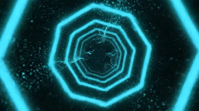 Glowing turquoise octagonal tunnel receding into darkness, particles swirling