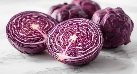 Fototapeta premium Fresh halved red cabbage heads on a clean white surface