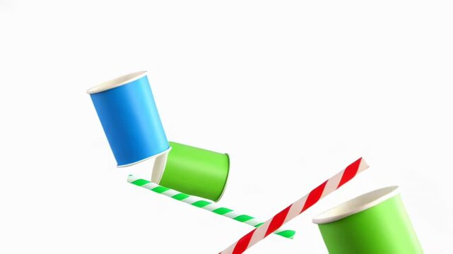 Colorful party blowers and striped straw accessories on white background.