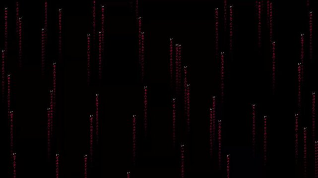 Abstract Digital Rain Data Stream on Black Background with Red and Green Elements.