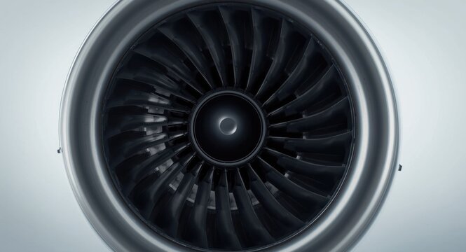 Close focused image on spinner cone and fan blades of turbofan jet engine