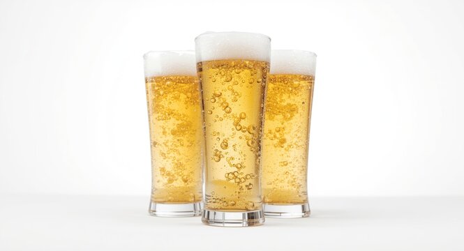 Cold light beer served in three glasses with frothy bubbles isolated background