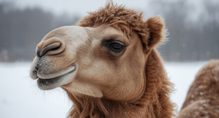 Obraz premium Close detailed portrait of a majestic camel in winter setting